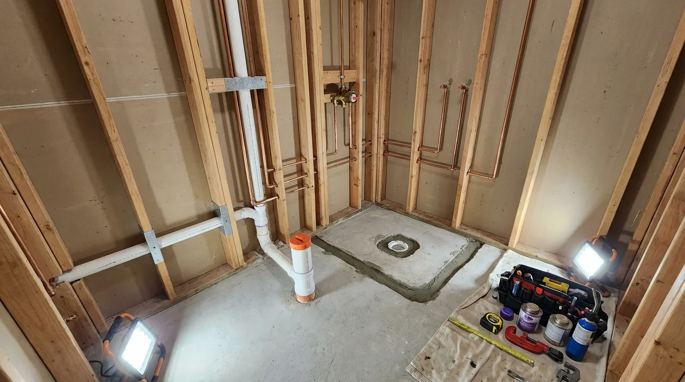 Bathroom rough-in plumbing during remodel by Johns Plumbing LLC in Mount Morris