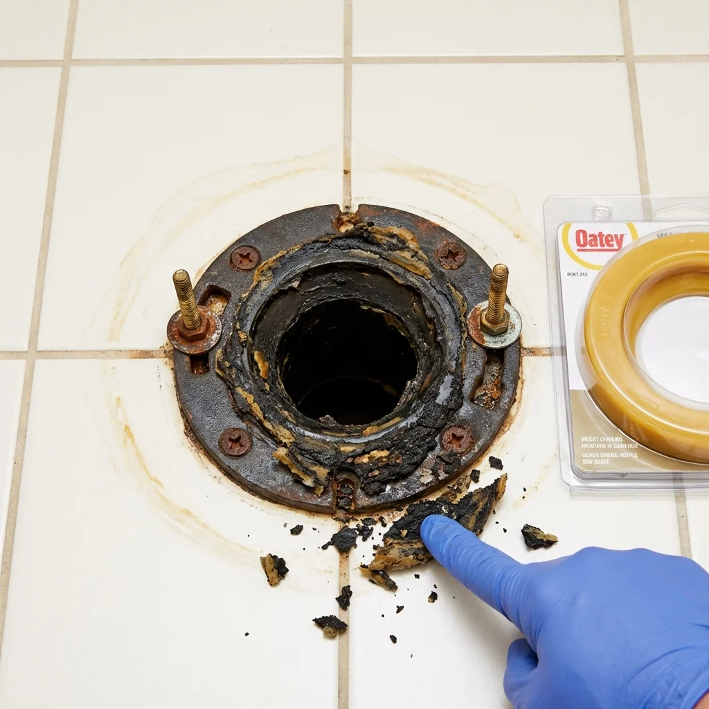 Failed wax ring showing water seepage at the base of a toilet in a Mount Morris, NY home